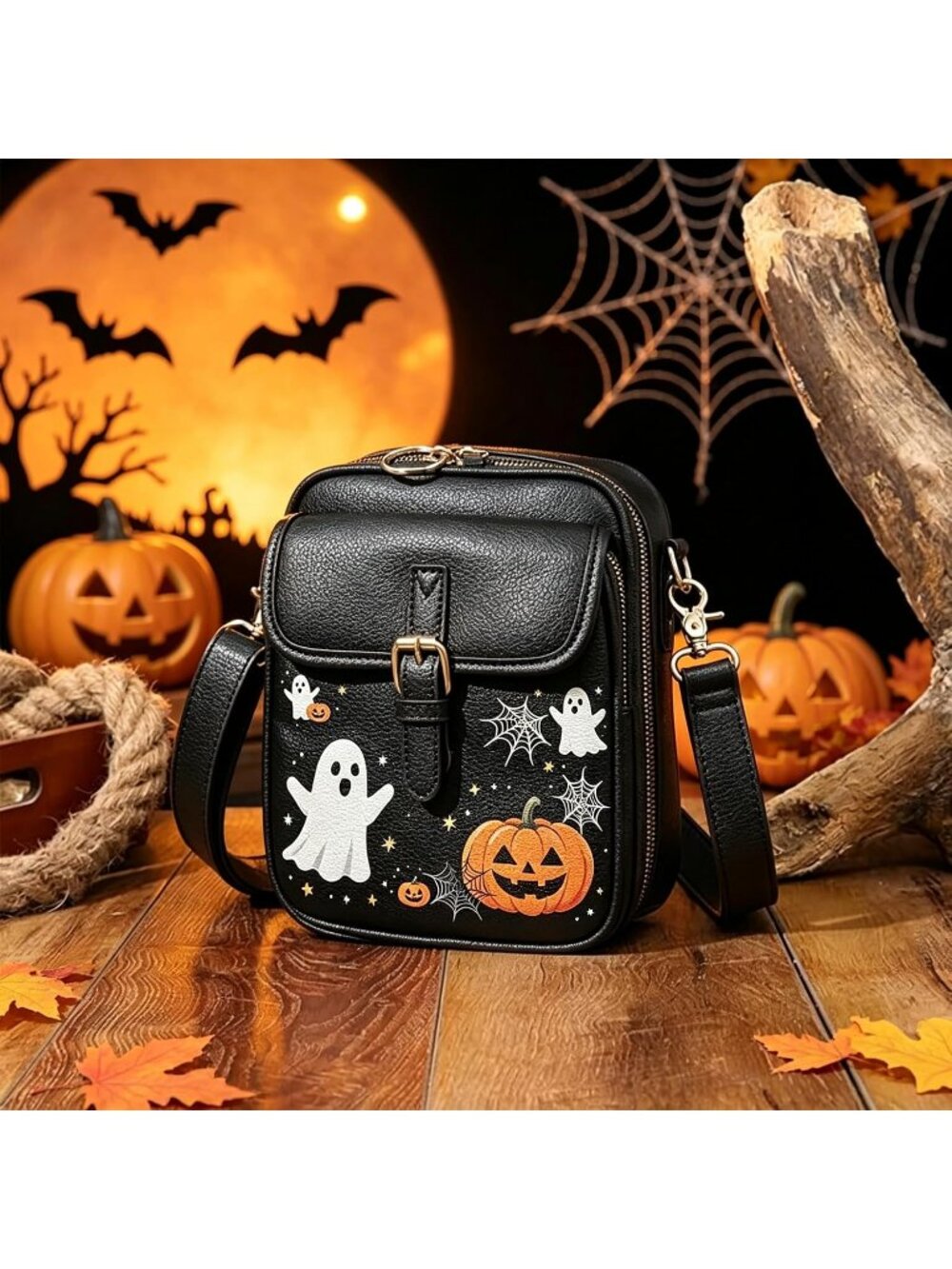Women Halloween-Black Capacity Purse Card Slots Shoulder Leather Crossbody Bags - Picture 3 of 6